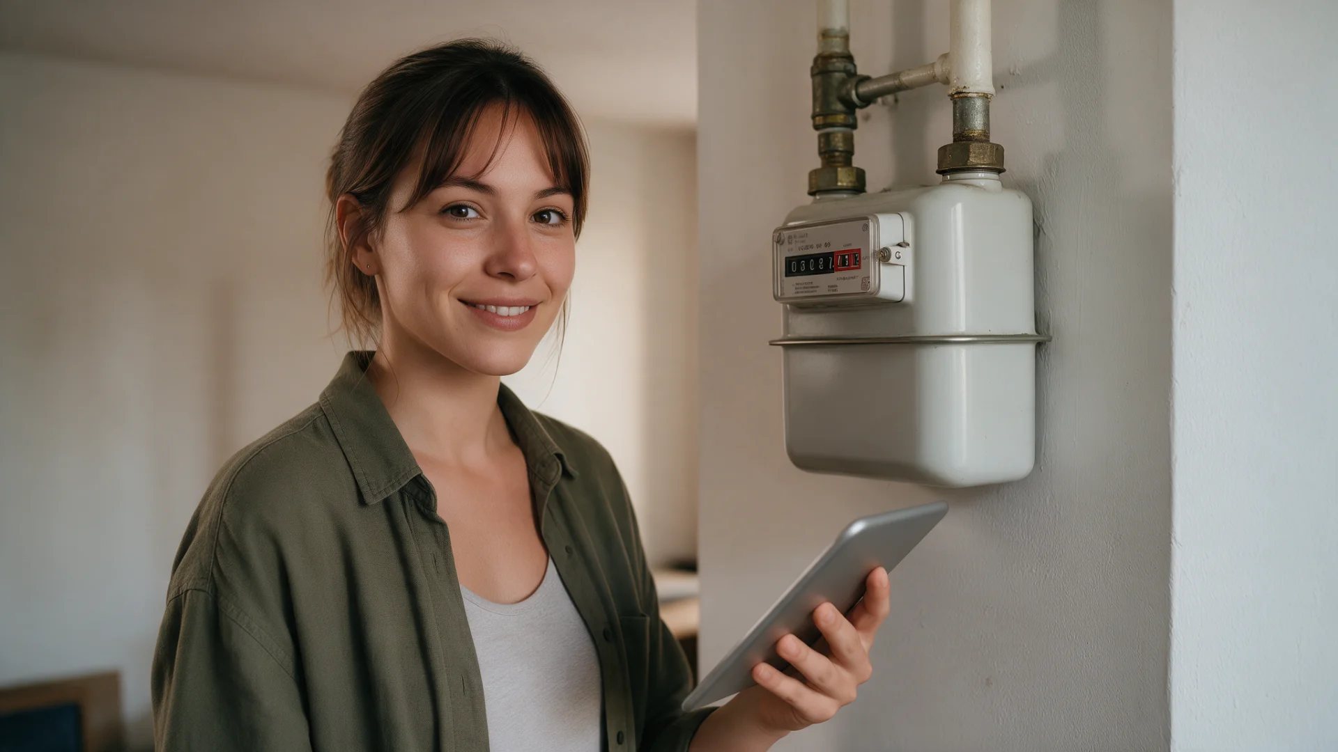 Frau mit Tablet Gaszähler