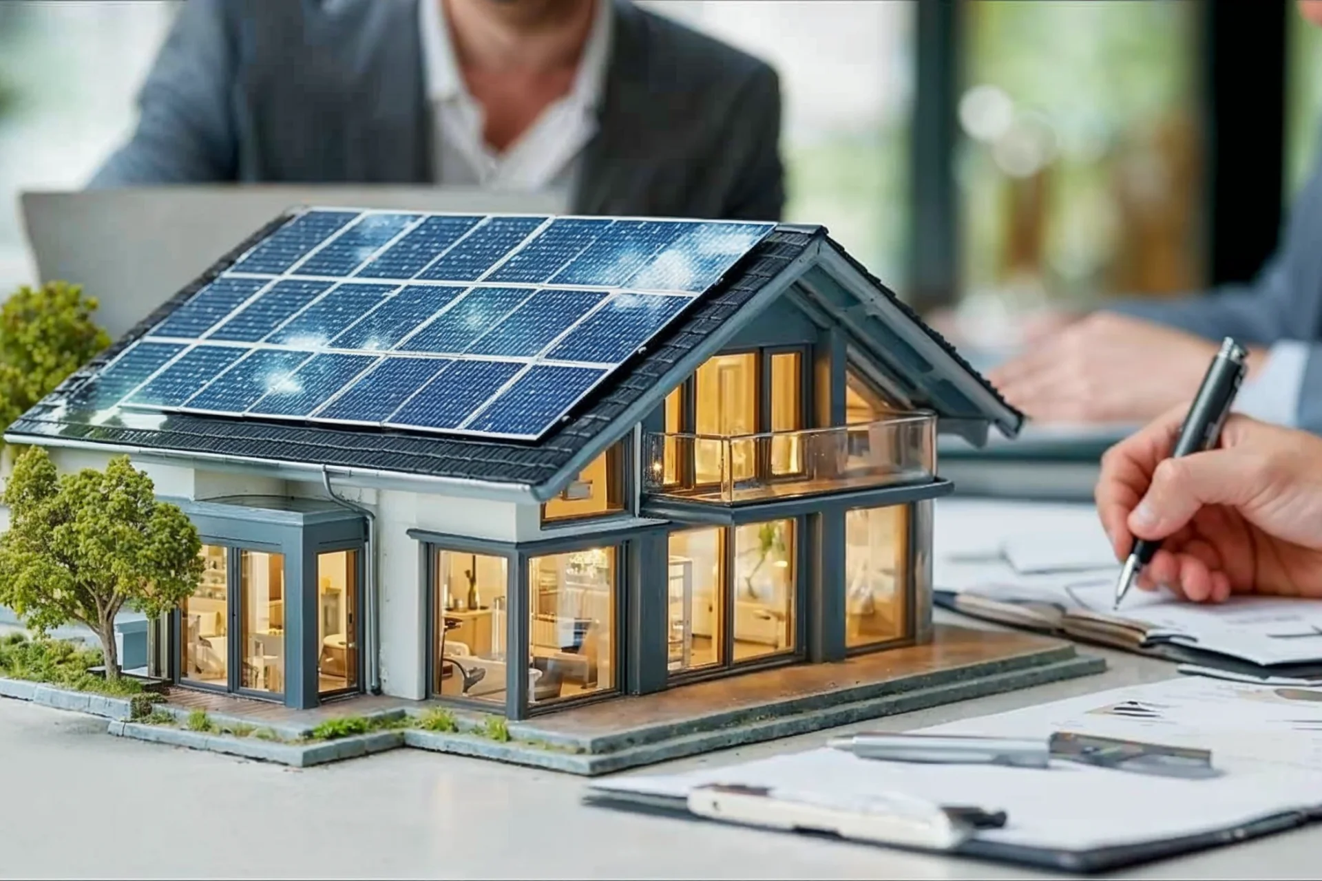 Modellhaus mit Solaranlage und Unterlagen zur Energieplanung – Symbol für innovative Wärmelösungen und nachhaltige Energieversorgung mit Wärme plus von GEW Wilhelmshaven.